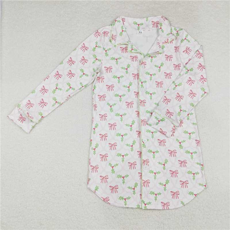 RTS NO MOQ Adult Women Long sleeve GT0661 Christmas Berry Bows Holly Tops Sleep Wear