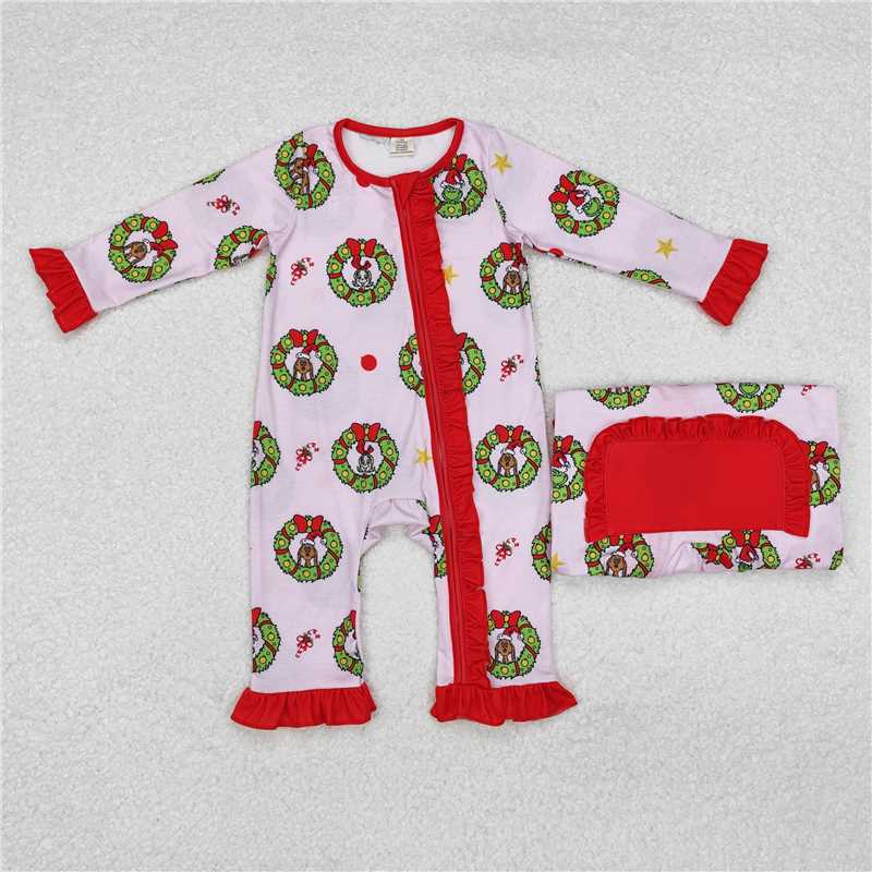 5.19 RTS NO MOQ Baby Girls Bodysuit LR1664 Christmas Green Face Ruffle Zip Rompers