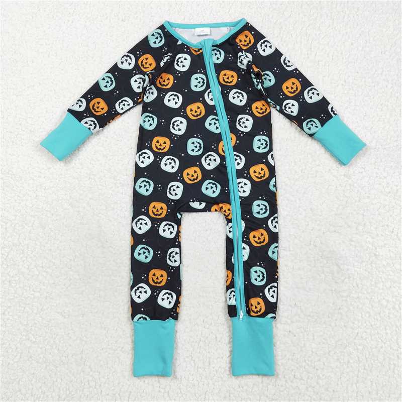 11.12 LR2465 Baby Boys Ghost Pumpkins Fall Zipper Footie Rompers
