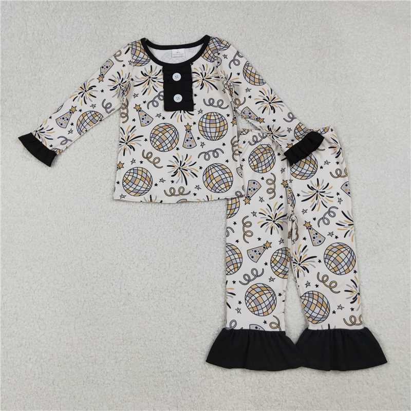 11.27 GLP2563 Baby Girls Happy New Year Button Top Ruffle Pant Pajamas Sets