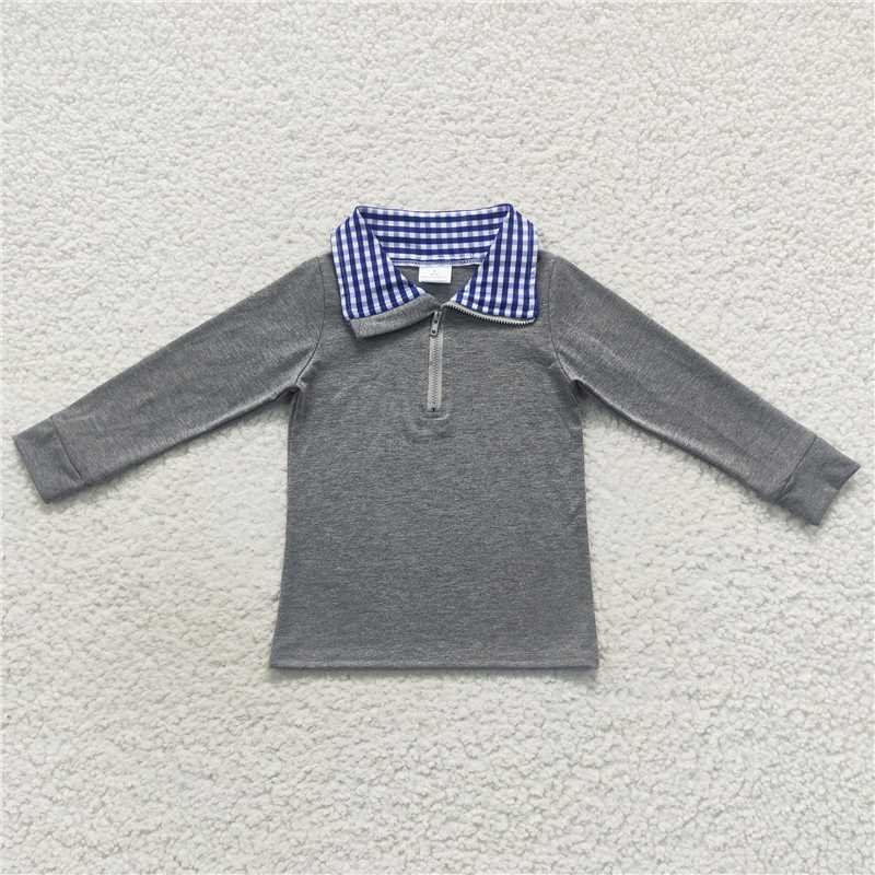 7.10 RTS NO MOQ Baby Boys Long Sleeve BT0285 Blue Checkered Long Sleeve Pullover Tee Shirt Top