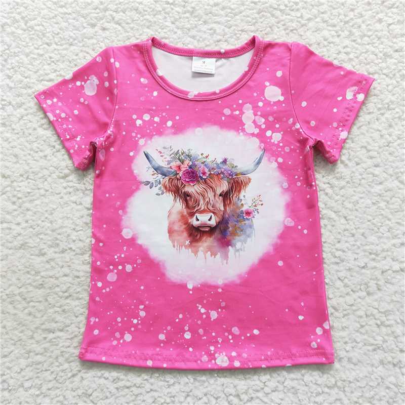 7.24 RTS NO MOQ Summer Baby Girls Short Sleeve GT0212 Highland Cow Flowers Short Sleeve Shirts Tops