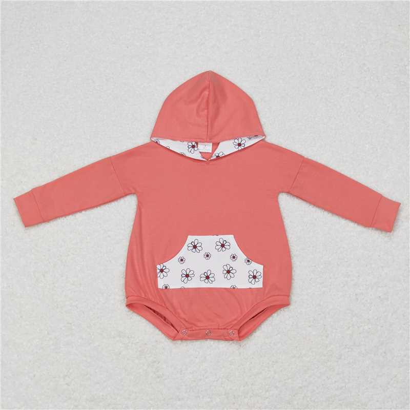 7.28 RTS NO MOQ Baby Girls Bodysuit LR0758 Pink Flowers Long Sleeve Hooded Rompers