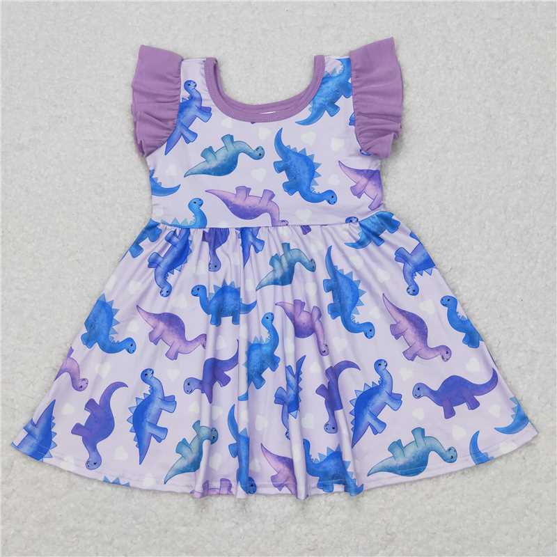 8.2 RTS NO MOQ Summer Baby Girls Dresses GSD0493 Purple Dinosaur Flutter Sleeve Knee Length Dresses