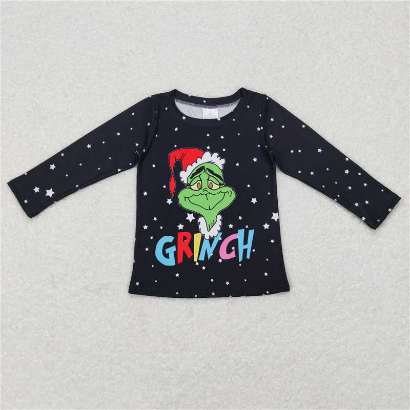 5.22 RTS NO MOQ Baby Girls Long Sleeve GT0329 Christmas Face Black Long Sleeve Shirts Tops