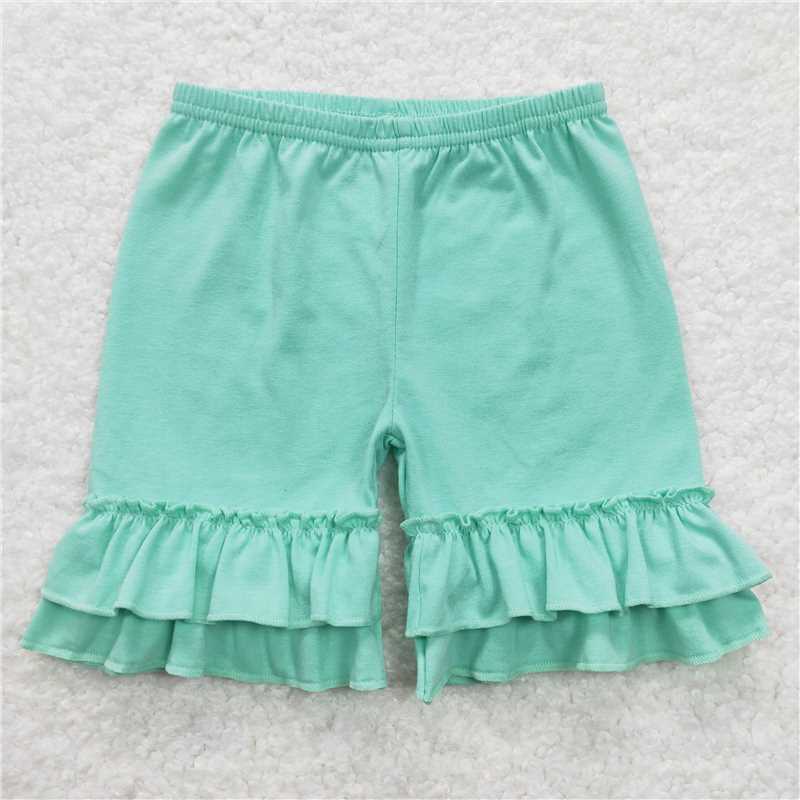 6.20 RTS NO MOQ Baby Girls Summer Pants SS0180 Green Cotton Double Ruffle Shorts