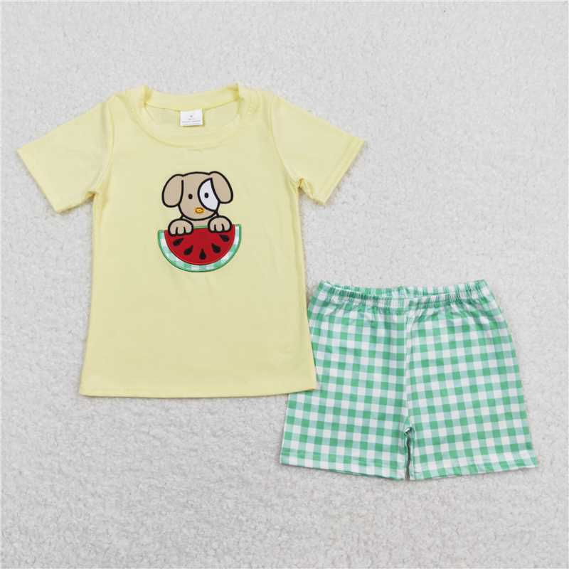 RTS NO MOQ Baby Boys kids Summer Sets BSSO0446 Dog Watermelon Shorts Sleeve Tee Summer Shorts Clothes Sets