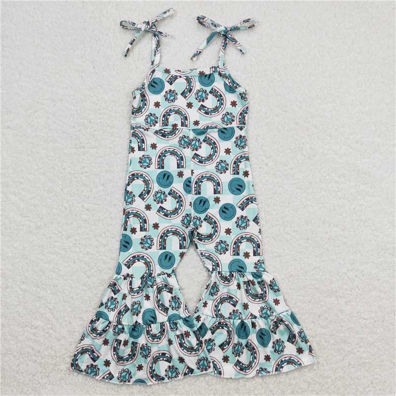 RTS NO MOQ Summer Baby Girls Bodysuit SR1018 Green Rainbow Straps Bell Bottom Pants Jumpsuits