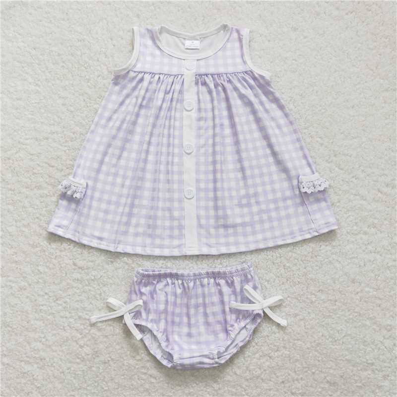 RTS NO MOQ Baby Girls Summer Outifts GBO0260 Lavender Checkered Tunic Top Bummies Clothes Sets
