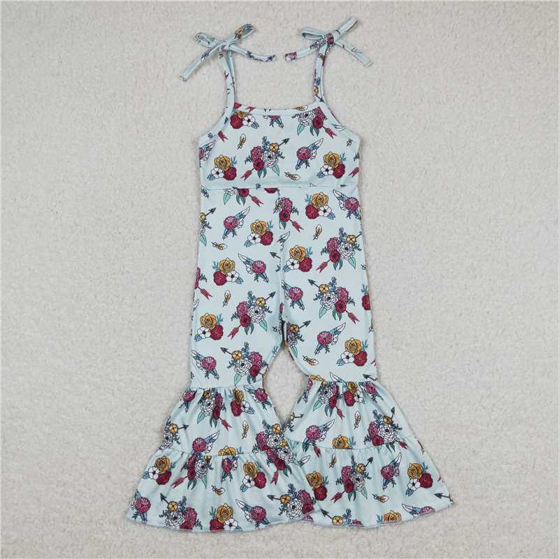 RTS NO MOQ Summer Baby Girls Bodysuit SR1019 Mustard Flowers Straps Bell Bottom Pants Jumpsuits