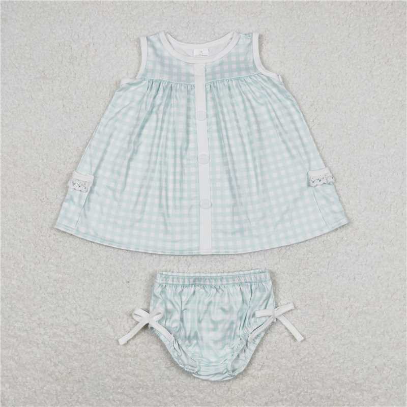 RTS NO MOQ Baby Girls Summer Outifts GBO0259 Light Green Checkered Tunic Top Bummies Clothes Sets