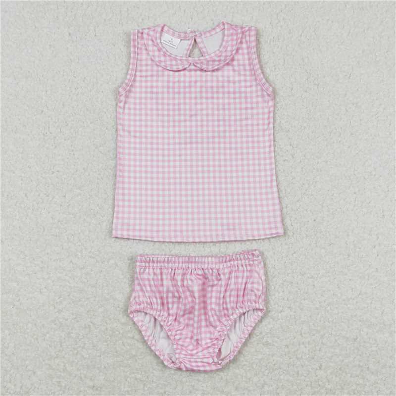 RTS NO MOQ Baby Girls Summer Outifts GBO0222 Pink Checkered Shirt Bummies Clothes Sets