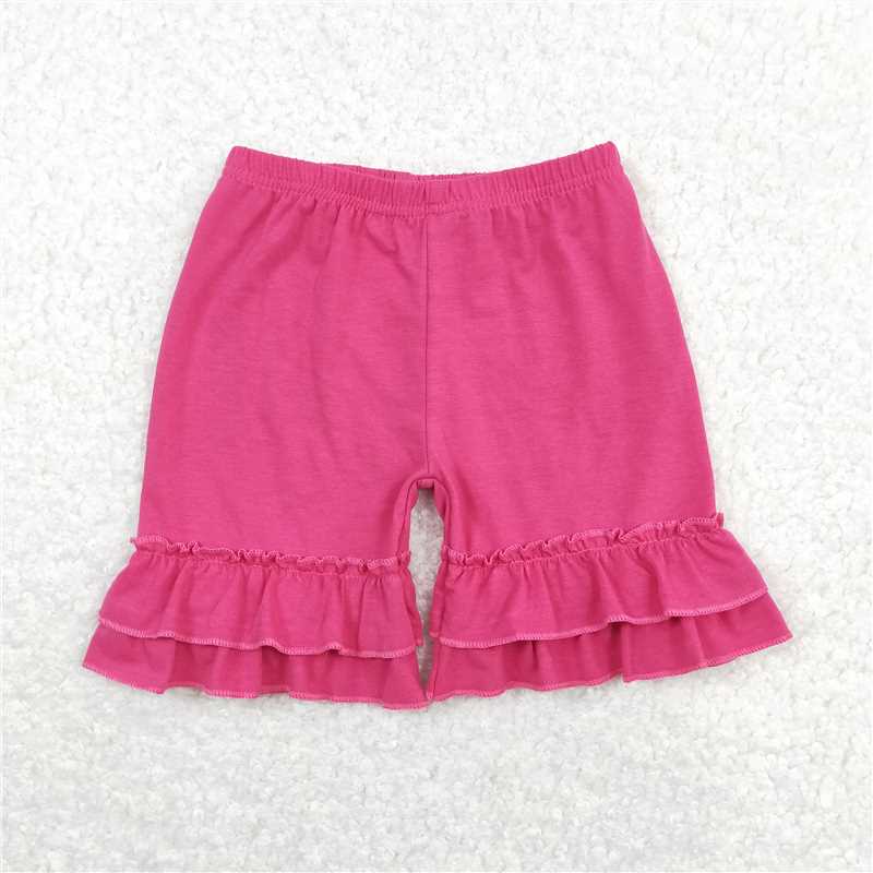 6.20 RTS NO MOQ Baby Girls Summer Pants SS0178 Dark Pink Cotton Double Ruffle Shorts