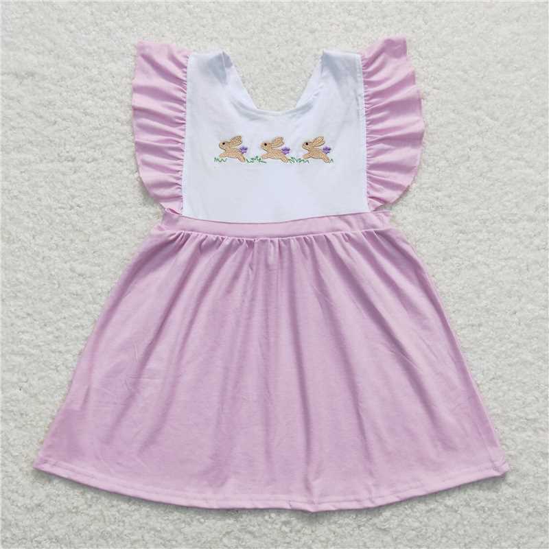 7.31 RTS NO MOQ Summer Baby Girls Dresses GSD0569 Pink Easter Rabbits Knee Length Bows Dresses