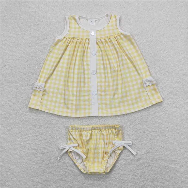 RTS NO MOQ Baby Girls Summer Outifts GBO0261 Yellow Checkered Tunic Top Bummies Clothes Sets