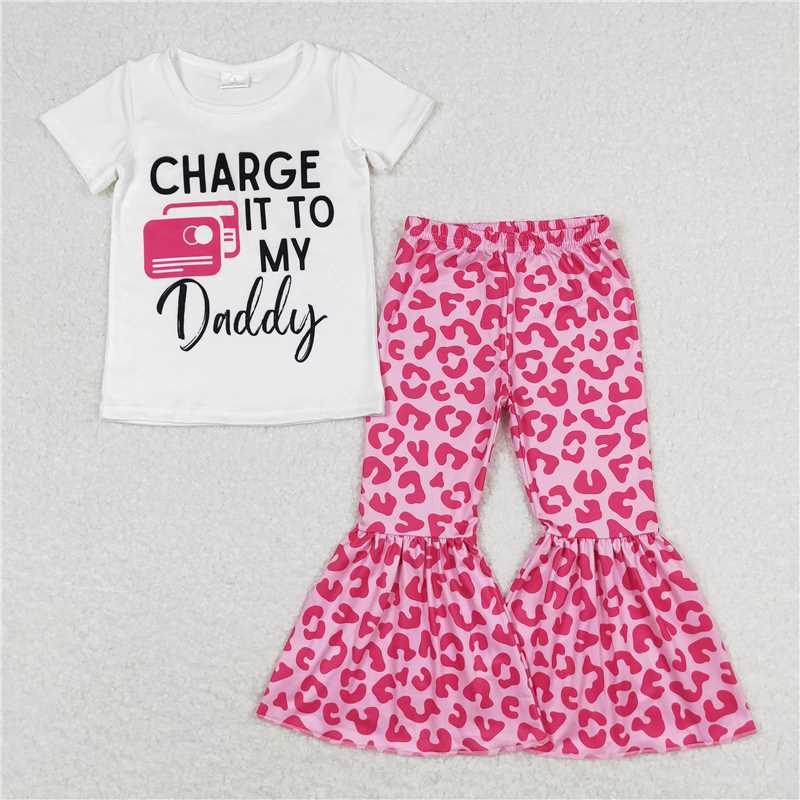 7.14 RTS NO MOQ Baby Girls Summer Kids Sets GSPO1447 Charge It To My Daddy Shirt Pink Leopard Bell Pants Clothes Sets