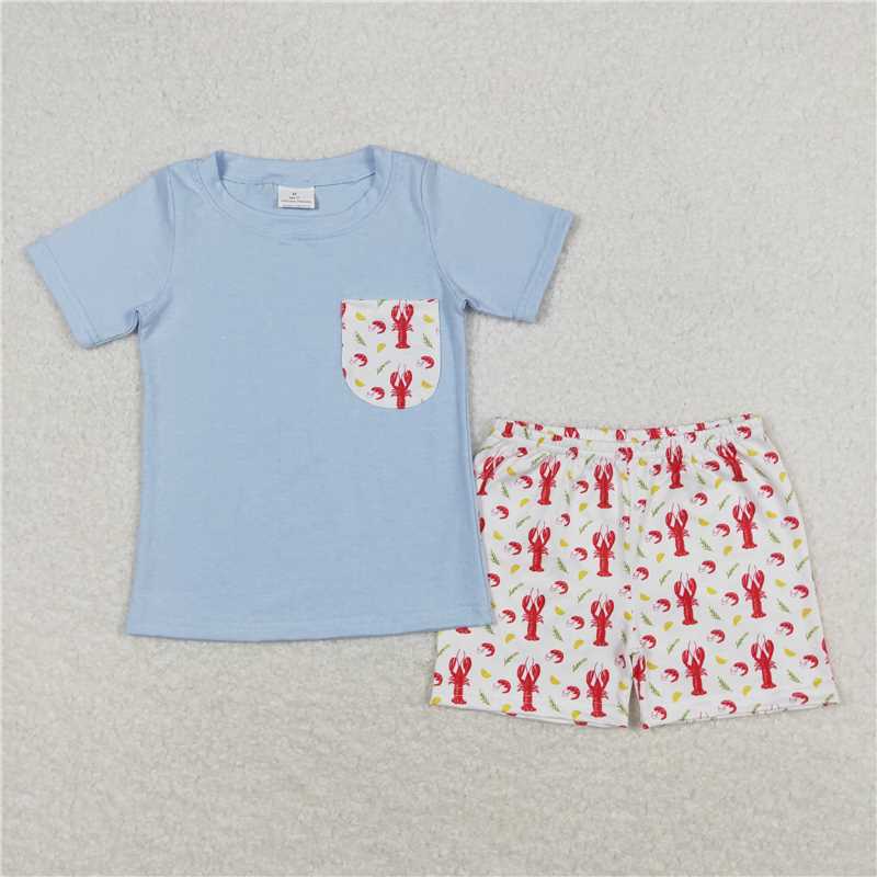 RTS NO MOQ Baby Boys kids Summer Sets BSSO0648 Crayfish Corn Pocket Blue Short Sleeve White Shorts Set