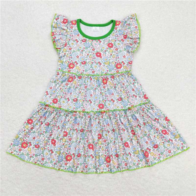 7.31 RTS NO MOQ Summer Baby Girls Dresses GSD0948 Green Flowers Flutter Sleeve Knee Length Dresses