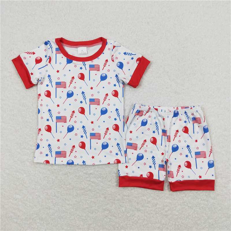 RTS NO MOQ Baby Boys kids Summer Sets BSSO0707 Balloons National Flags Fireworks Red and White Short-Sleeved Shorts Pajamas Sets