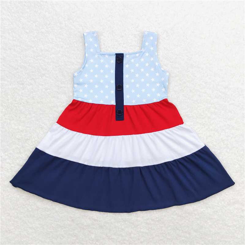7.31 RTS NO MOQ Summer Baby Girls Dresses GSD0900 Red Stars Sleeveless 4th Of July Knee Length Dresses