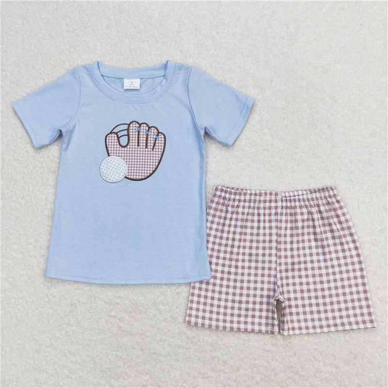 RTS NO MOQ Baby Boys kids Summer Sets BSSO0723 Blue Baseball Short Sleeve Top Checkered Shorts Clothes Sets