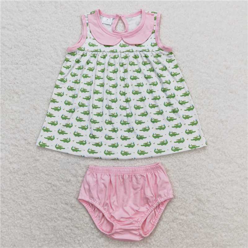 RTS NO MOQ Baby Girls Summer Outifts GBO0277 Crocodile Sleeveless Top Pink Bummies Clothes Sets