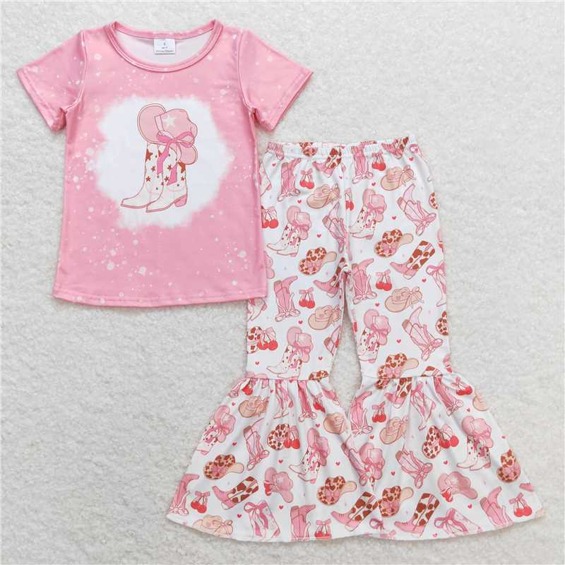 RTS NO MOQ Baby Girls Summer Kids Sets GSPO1453 Boots Shirt Top Western Bell Bottom Pants Clothes Sets