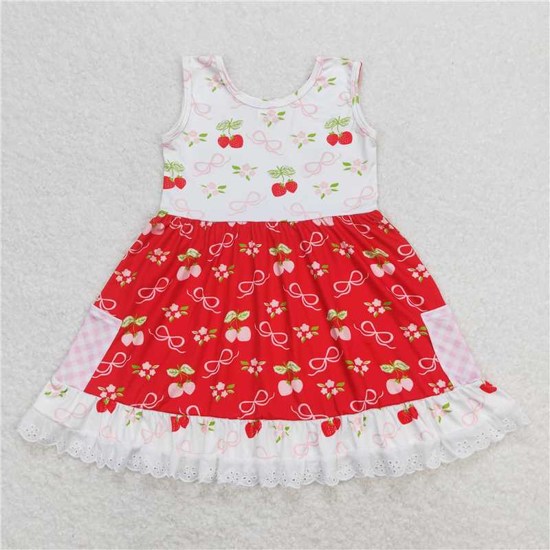 7.31 RTS NO MOQ Summer Baby Girls Dresses GSD0889 Sleeveless Red Bows Lace Ruffle Knee Length Dresses