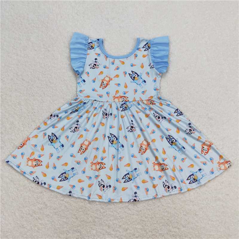7.31 RTS NO MOQ Summer Baby Girls Dresses GSD1202 Flutter Sleeve Blue Dogs Knee Length Dresses