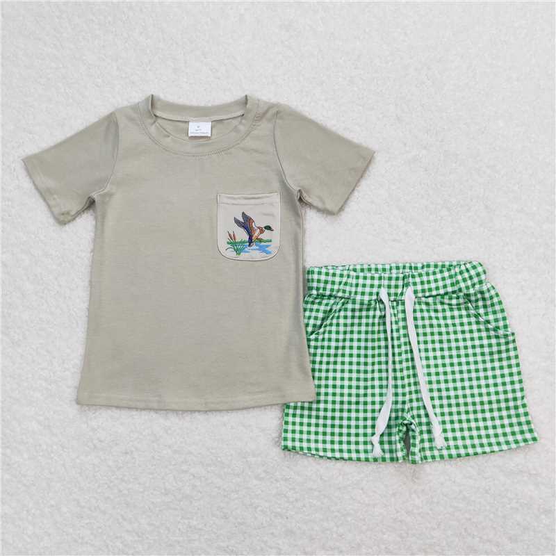 RTS NO MOQ Baby Boys kids Summer Sets BSSO0734 Duck Pocket Short Sleeve Green Plaid Shorts Set