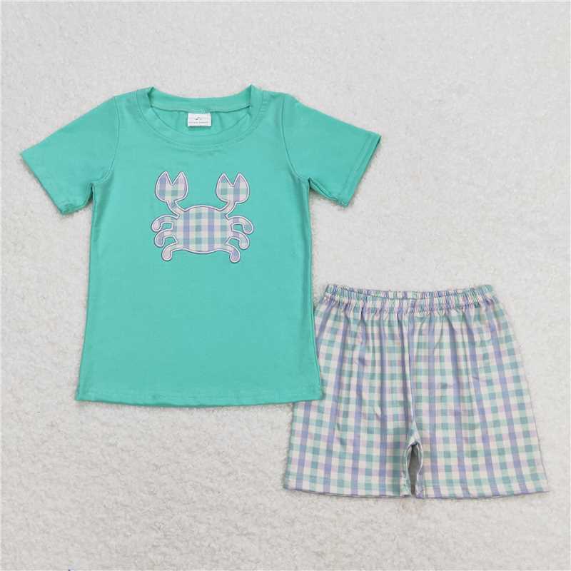 RTS NO MOQ Baby Boys kids Summer Sets BSSO0638 Crab Green Shirt Checkered Shorts Clothes Sets