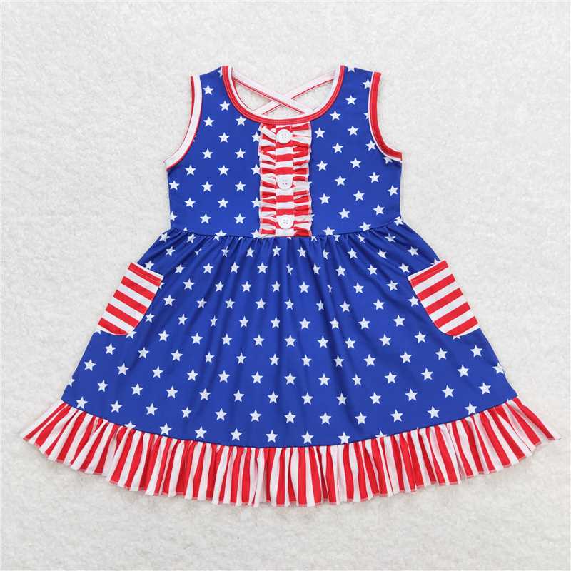 7.31 RTS NO MOQ Summer Baby Girls Dresses GSD0976 Stars 4th of July Ruffle Summer Knee Length Dresses