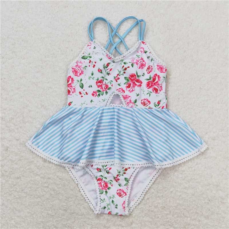 RTS NO MOQ Baby Girls Summer Bodysuit S0248 White Pink Flowers Ruffle One Piece Swimsuits