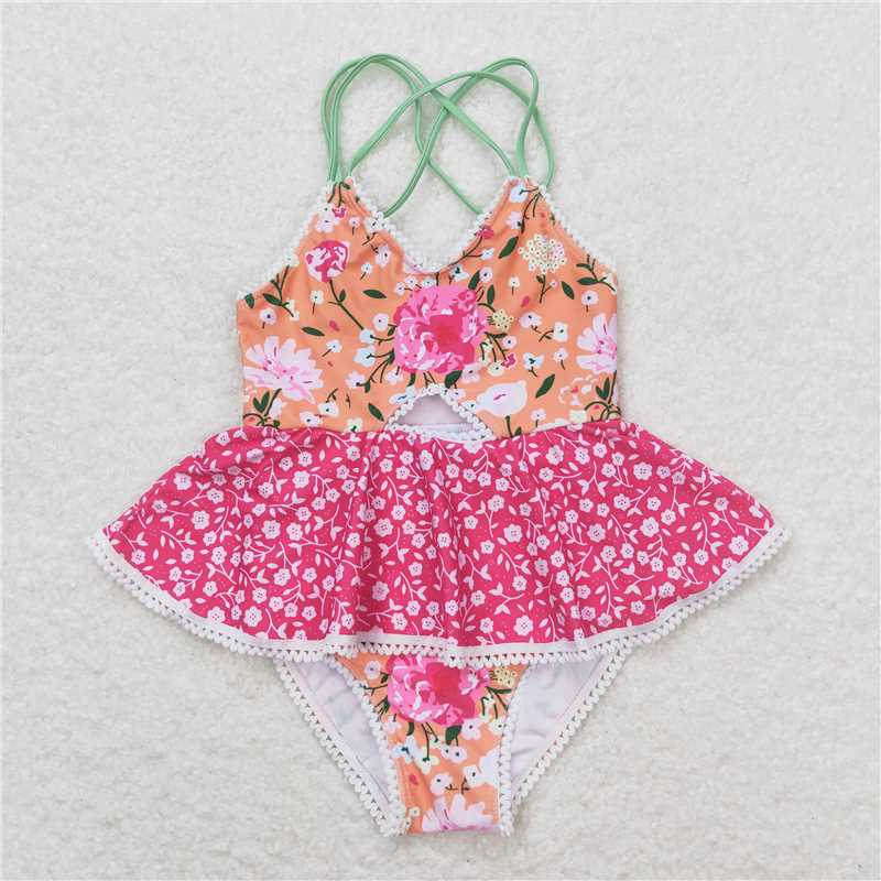 RTS NO MOQ Baby Girls Summer Bodysuit S0249 Orange Flowers Ruffle One Piece Swimsuits