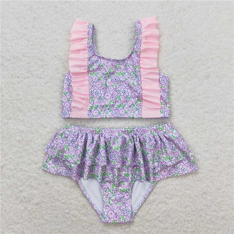 RTS NO MOQ Baby Girls Summer Sets S0332 Lavender Flowers Top Ruffle Bummie Swimsuits
