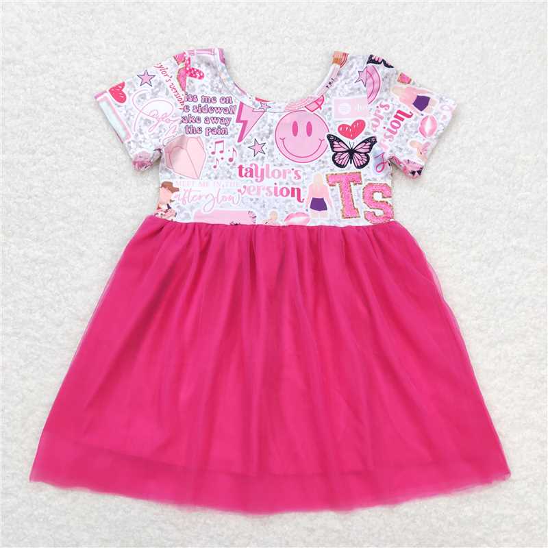 7.31 RTS NO MOQ Summer Baby Girls Dresses GSD0981 Pink Singer Short Sleeve Tutu Knee Length Dresses