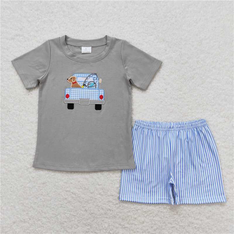 RTS NO MOQ Baby Boys kids Summer Sets BSSO0664 Grey Dog Fishing Shirt Shorts Outfits Clothes Sets