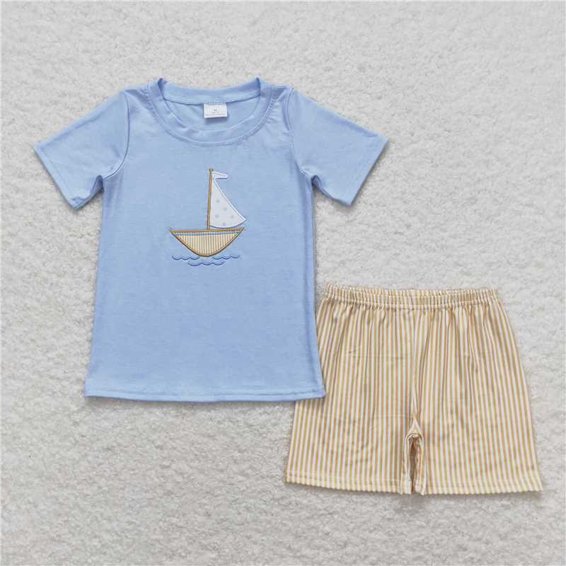 RTS NO MOQ Baby Boys kids Summer Sets BSSO0602 Sailboat Blue Short Sleeve Shirt Shorts Clothes Sets