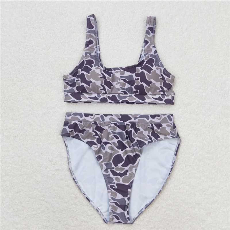 7.4 RTS NO MOQ Adult Women Summer Sets S0321 Grey Camo Top Bottom Swimsuits Sets