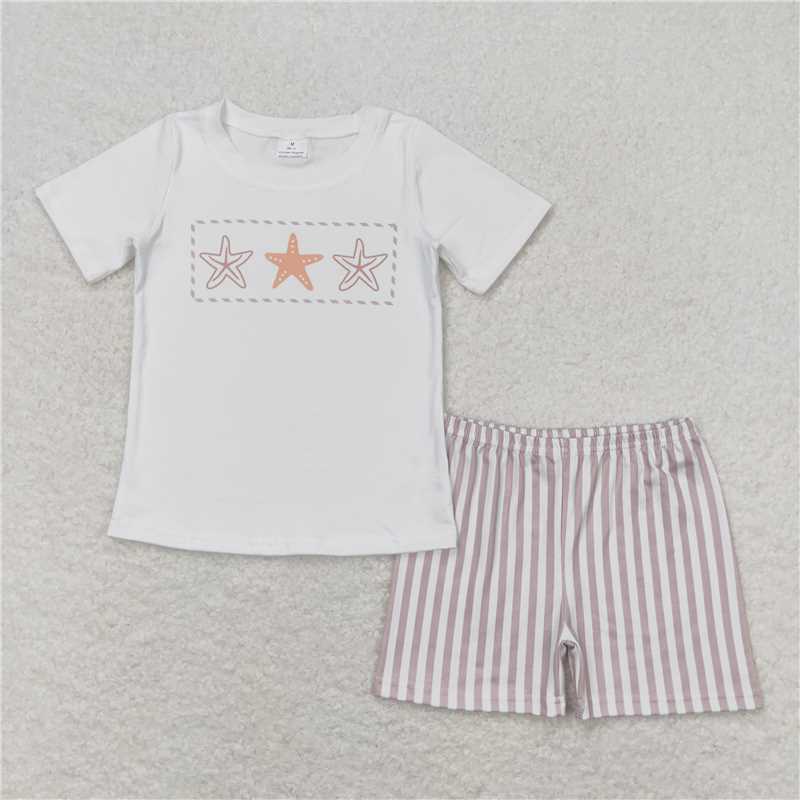 RTS NO MOQ Baby Boys kids Summer Sets BSSO0826 Starfish White Short Sleeve Striped Shorts Set