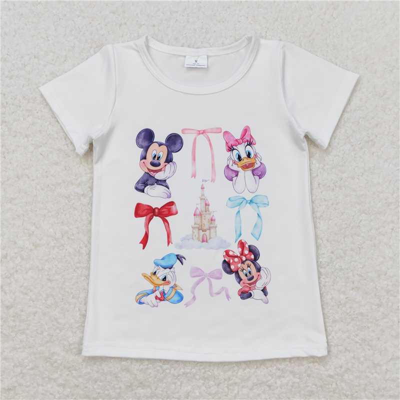 RTS NO MOQ Summer Baby Girls Short Sleeve GT0570 Castle Duck Mouse Bows White Short Sleeve Shirts Tops