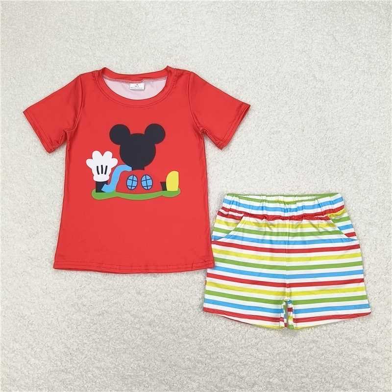 RTS NO MOQ Baby Boys kids Summer Sets BSSO0786 Red short-sleeved colorful striped shorts suit