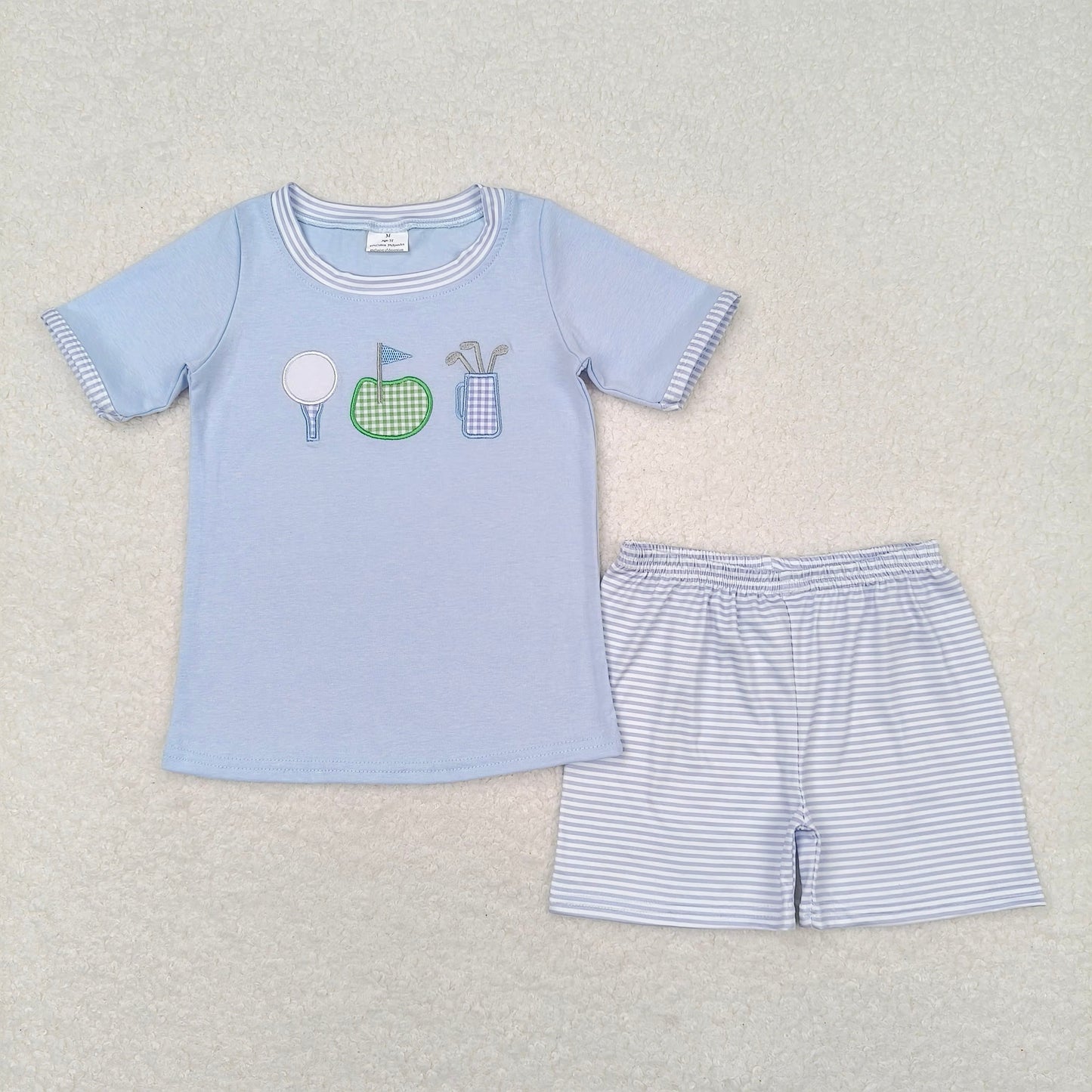 RTS NO MOQ Baby Boys kids Summer Sets BSSO0686 Blue Golf Tee Shirt Stripes Shorts Clothes Sets