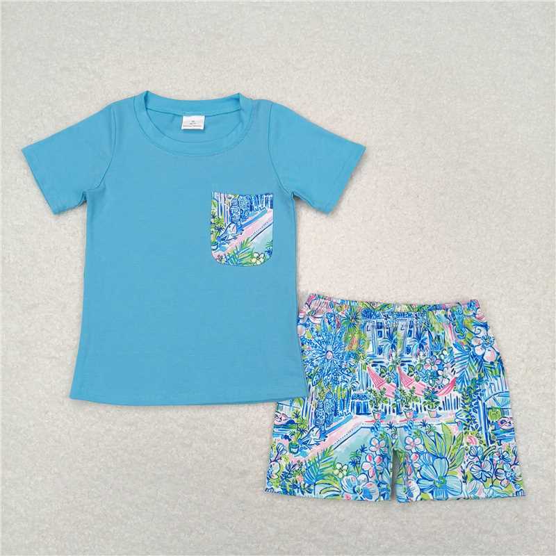 RTS NO MOQ Baby Boys kids Summer Sets BSSO0840 Blue Short Sleeve Tee Shirts Tops Flowers Shorts Clothes Sets