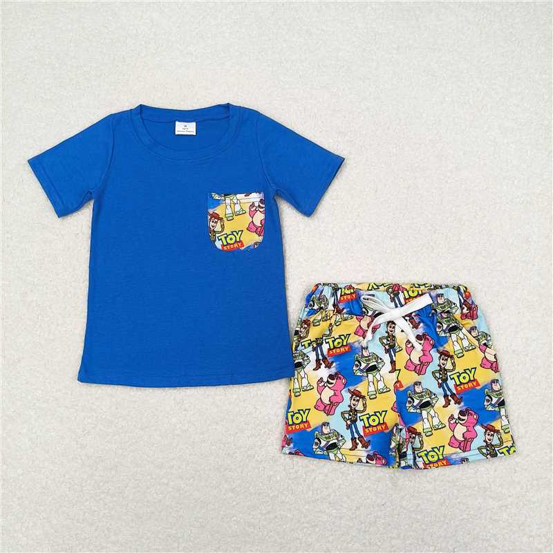 RTS NO MOQ Baby Boys kids Summer Sets BSSO0833 Blue Short Sleeve Tee Shirts Tops Shorts Clothes Sets