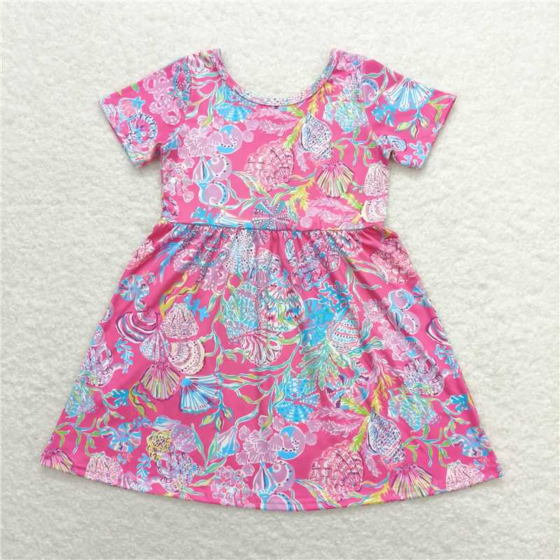 7.30 RTS NO MOQ Summer Baby Girls Dresses GSD1115 Pink Sea Shells Short Sleeve Knee Length Dresses