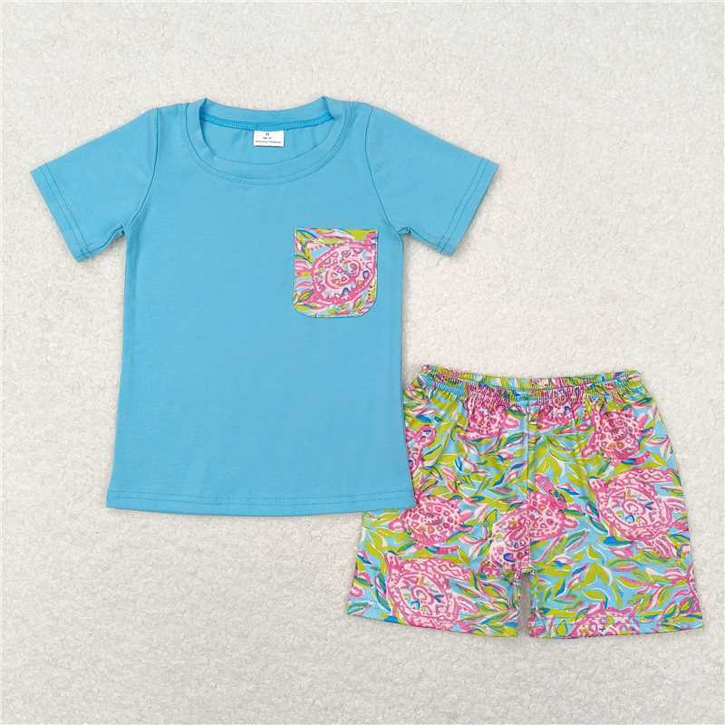 RTS NO MOQ Baby Boys kids Summer Sets BSSO0846 Blue Short Sleeve Tee Shirts Tops Turtle Shorts Clothes Sets