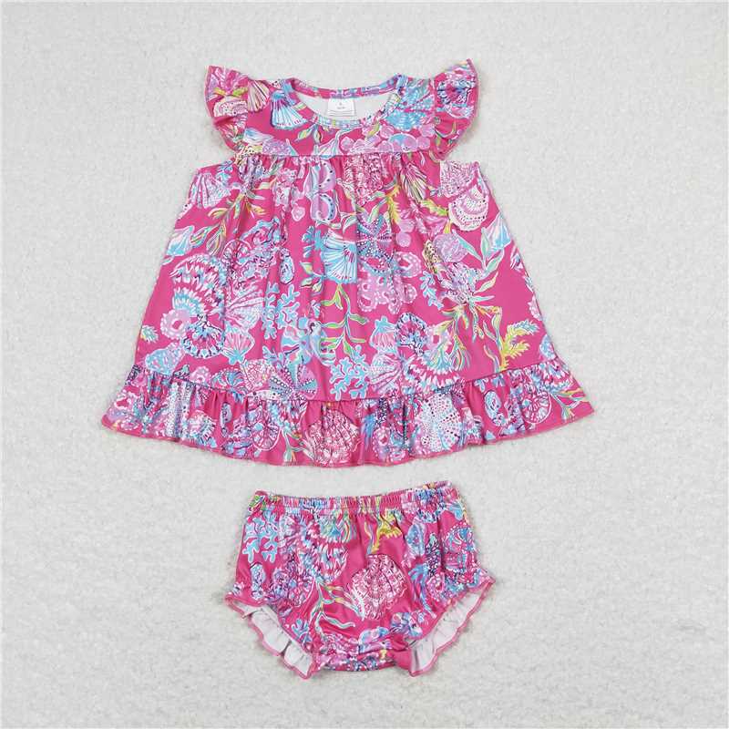 RTS NO MOQ Baby Girls Summer Outifts GBO0344 Pink Shells Tunic Top Bummies Clothes Sets