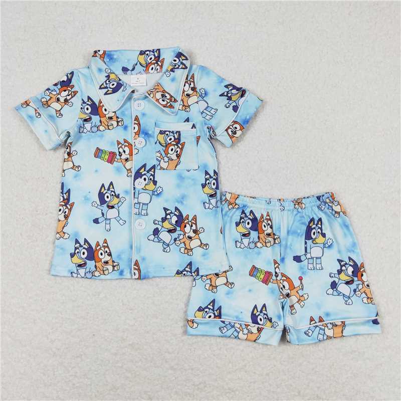 RTS NO MOQ Baby Boys kids Summer Sets BSSO0817 Dogs Blue Buttons Shirt Shorts Pajamas Clothes Sets