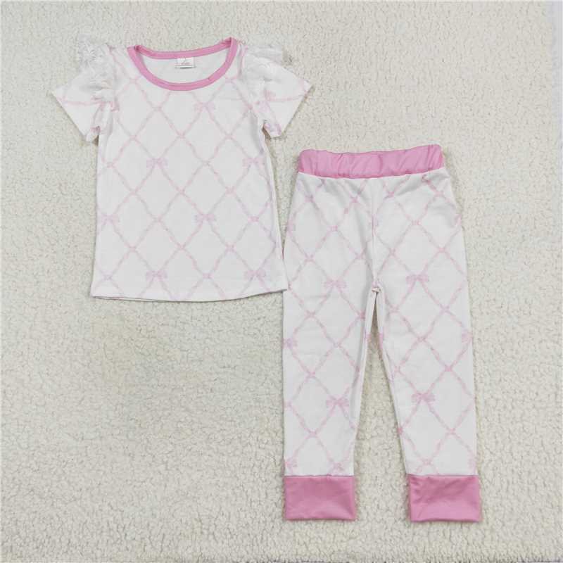 RTS NO MOQ Baby Girls Summer Kids Sets GSPO1517 Bamboo Pink Bows Shirt Pants Pajamas Clothes Sets